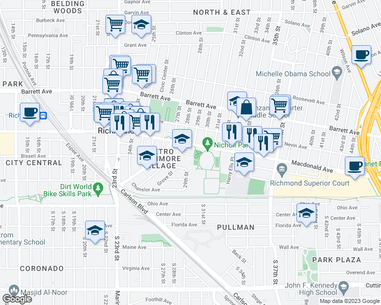 map of restaurants, bars, coffee shops, grocery stores, and more near 2830 Nicholl Court in Richmond