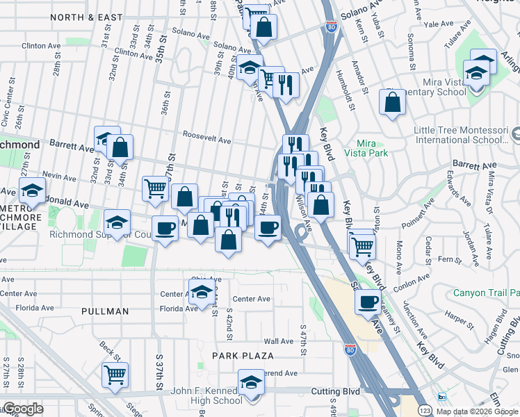 map of restaurants, bars, coffee shops, grocery stores, and more near 401 44th Street in Richmond