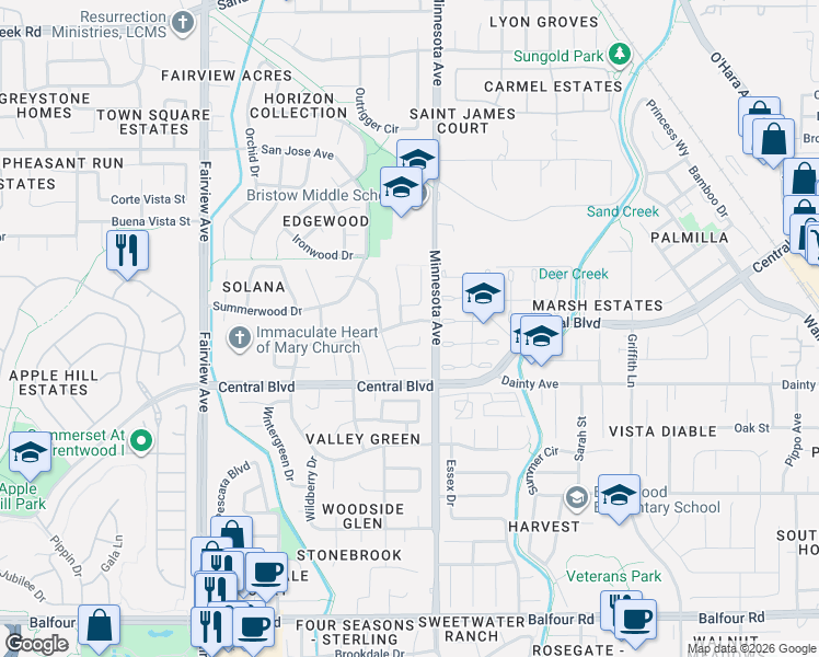 map of restaurants, bars, coffee shops, grocery stores, and more near 1058 Glenwillow Drive in Brentwood