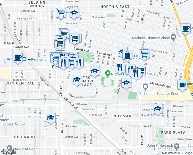 map of restaurants, bars, coffee shops, grocery stores, and more near 202 28th Street in Richmond