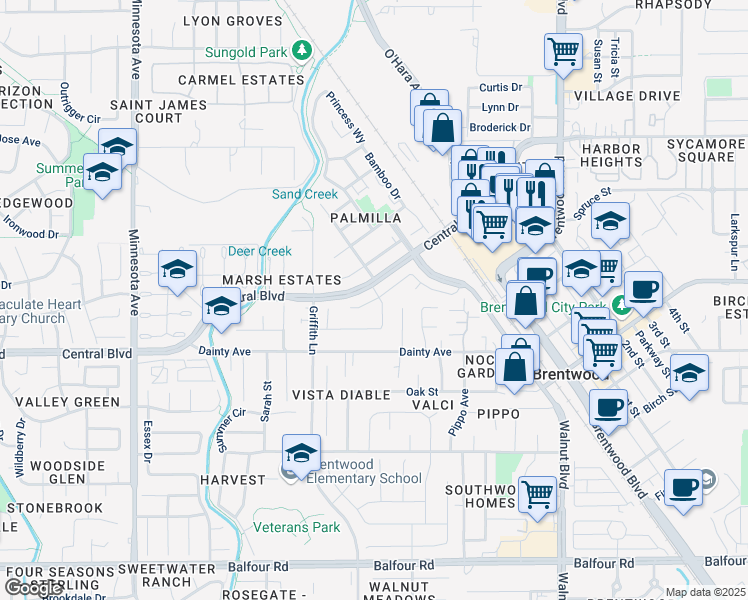 map of restaurants, bars, coffee shops, grocery stores, and more near 357 Bougainvilla Court in Brentwood