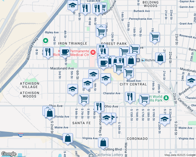 map of restaurants, bars, coffee shops, grocery stores, and more near 241 9th Street in Richmond