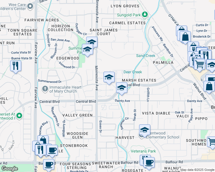 map of restaurants, bars, coffee shops, grocery stores, and more near 890 Buckskin Terrace in Brentwood