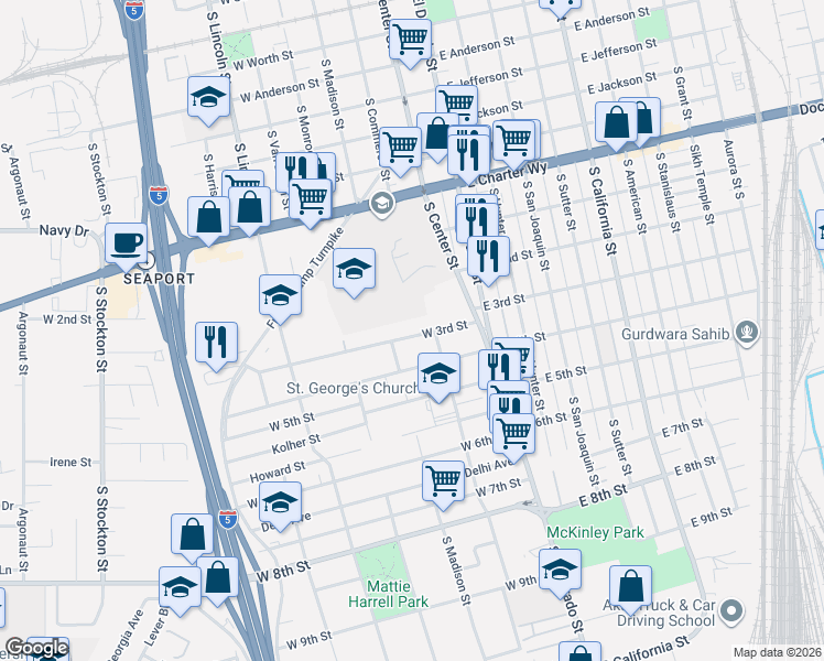 map of restaurants, bars, coffee shops, grocery stores, and more near 153 West 3rd Street in Stockton