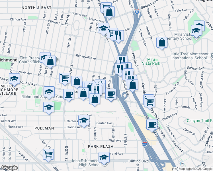 map of restaurants, bars, coffee shops, grocery stores, and more near 447 44th Street in Richmond