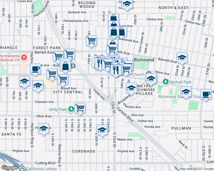 map of restaurants, bars, coffee shops, grocery stores, and more near 253 22nd Street in Richmond