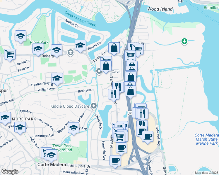 map of restaurants, bars, coffee shops, grocery stores, and more near 195 Tamal Vista Boulevard in Corte Madera