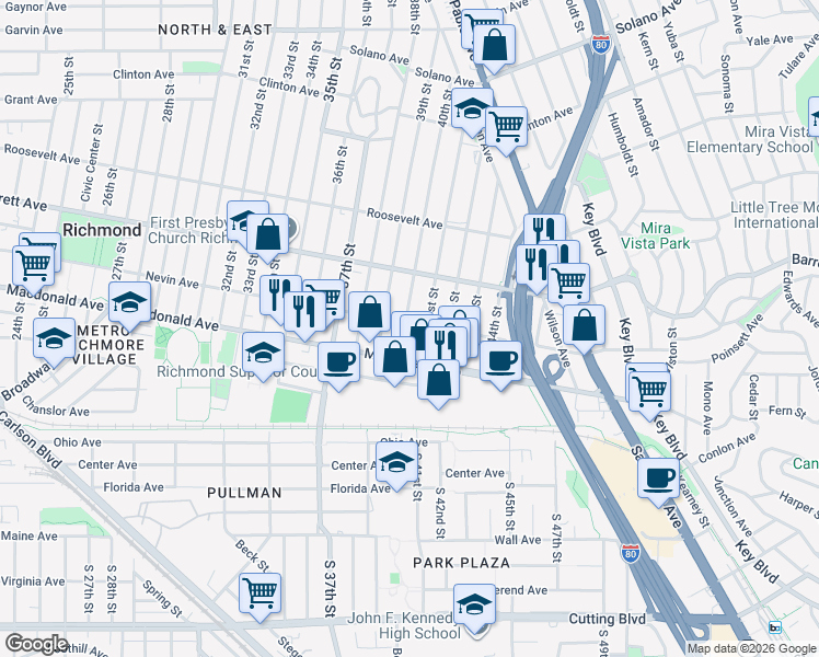 map of restaurants, bars, coffee shops, grocery stores, and more near 420 40th Street in Richmond