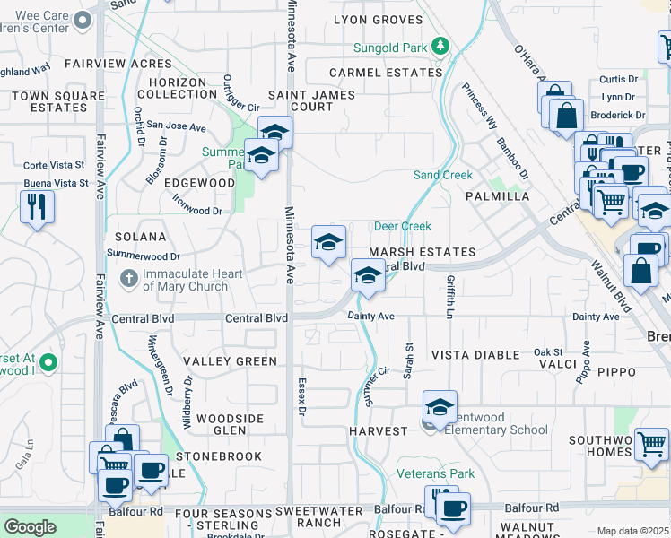map of restaurants, bars, coffee shops, grocery stores, and more near 850 Buckskin Terrace in Brentwood