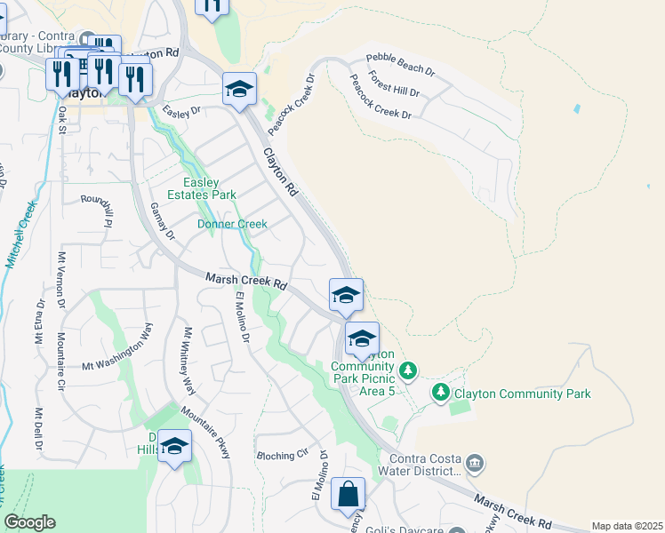 map of restaurants, bars, coffee shops, grocery stores, and more near 832 Savignon Court in Clayton