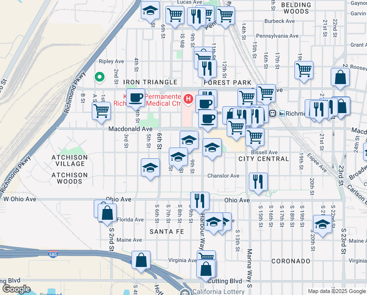 map of restaurants, bars, coffee shops, grocery stores, and more near 806 Bissell Court in Richmond