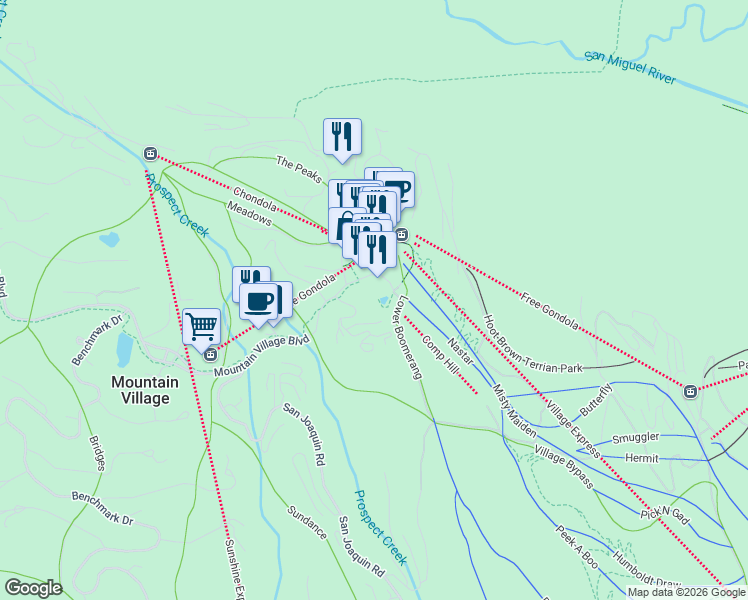 map of restaurants, bars, coffee shops, grocery stores, and more near 112 Lost Creek Lane in Mountain Village