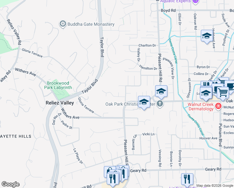 map of restaurants, bars, coffee shops, grocery stores, and more near 13 Johns Court in Pleasant Hill