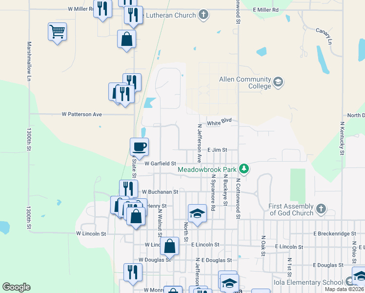 map of restaurants, bars, coffee shops, grocery stores, and more near 1301 Northwestern Street in Iola