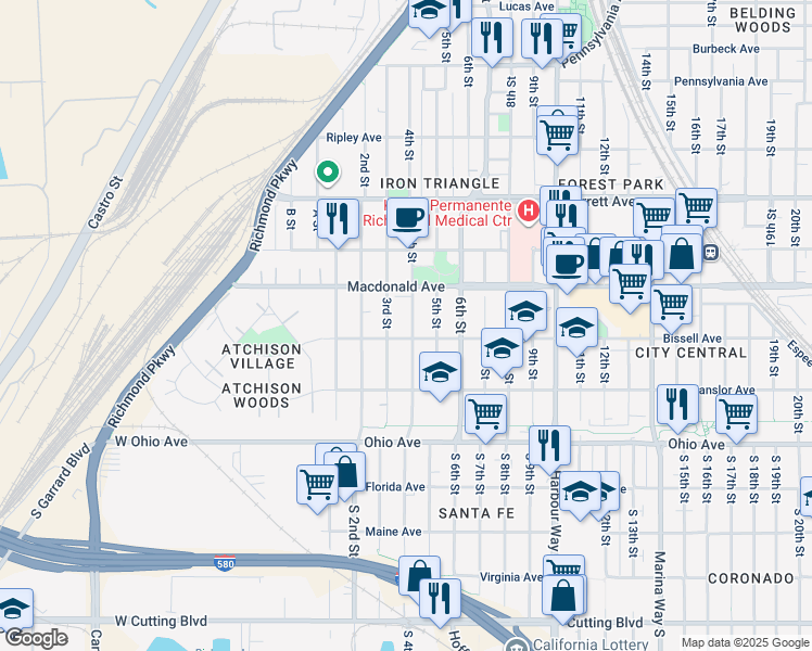 map of restaurants, bars, coffee shops, grocery stores, and more near 221 4th Street in Richmond