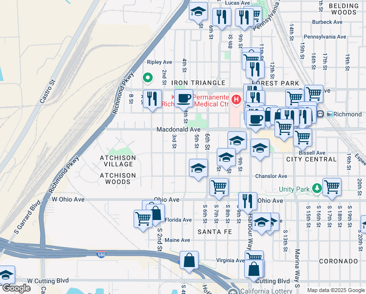 map of restaurants, bars, coffee shops, grocery stores, and more near 221 4th Street in Richmond
