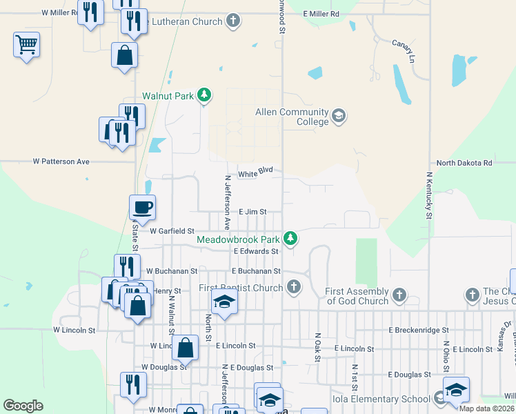 map of restaurants, bars, coffee shops, grocery stores, and more near 224 East Jim Street in Iola