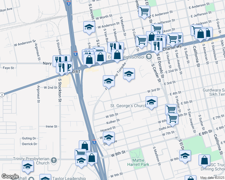 map of restaurants, bars, coffee shops, grocery stores, and more near in Stockton