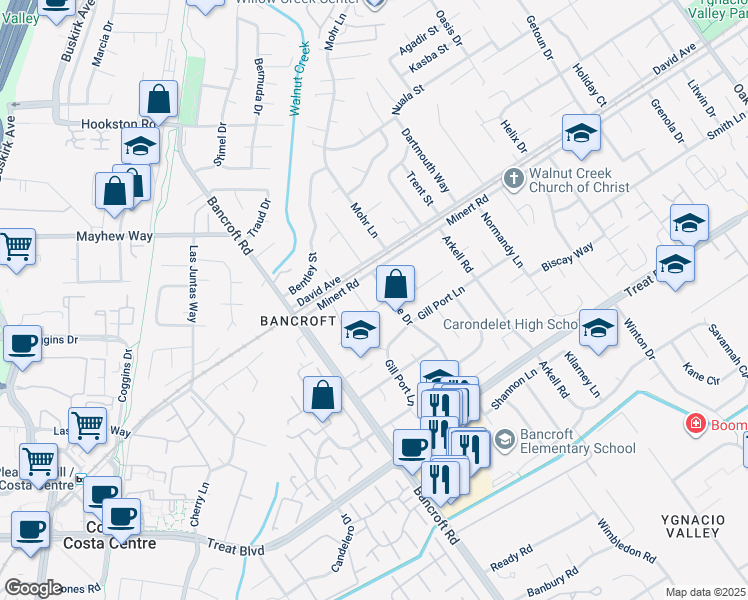 map of restaurants, bars, coffee shops, grocery stores, and more near 2172 La Salle Drive in Walnut Creek
