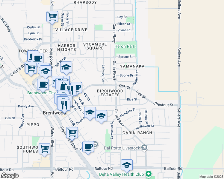 map of restaurants, bars, coffee shops, grocery stores, and more near 2 Oak Street in Brentwood
