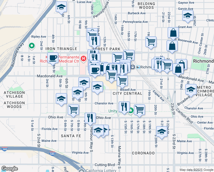 map of restaurants, bars, coffee shops, grocery stores, and more near 85 Bissell Way in Richmond