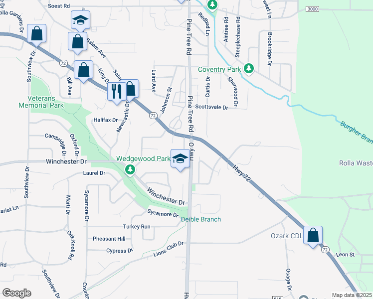 map of restaurants, bars, coffee shops, grocery stores, and more near 3 McFarland Drive in Rolla
