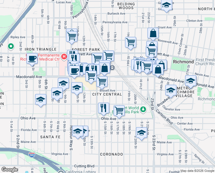 map of restaurants, bars, coffee shops, grocery stores, and more near 225 16th Street in Richmond