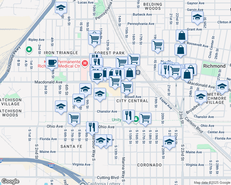 map of restaurants, bars, coffee shops, grocery stores, and more near 245 Marina Lakes Drive in Richmond