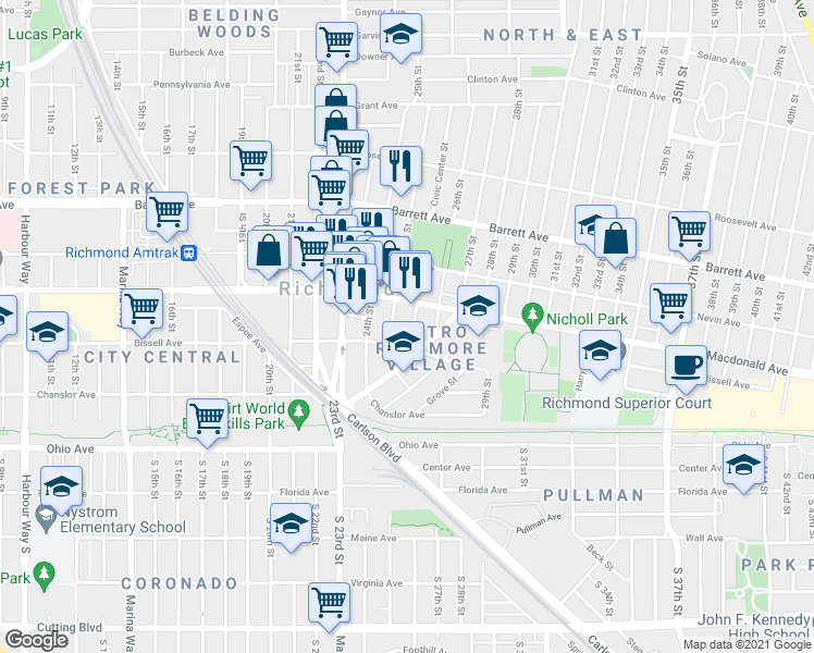 map of restaurants, bars, coffee shops, grocery stores, and more near 235-237 Civic Center Street in Richmond