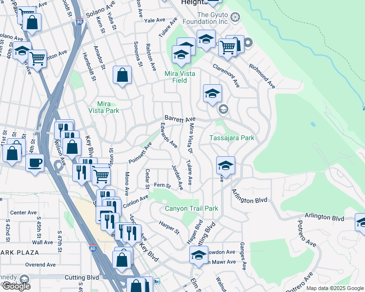 map of restaurants, bars, coffee shops, grocery stores, and more near 2500 Tulare Avenue in El Cerrito