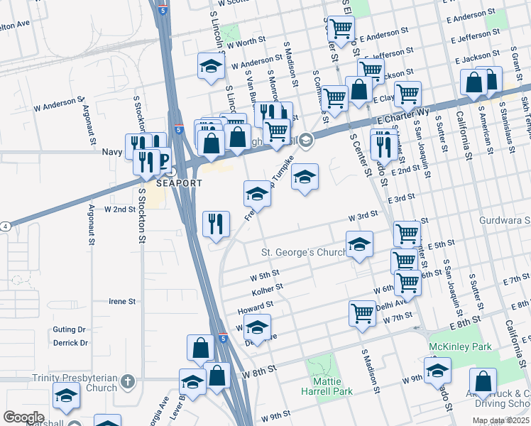 map of restaurants, bars, coffee shops, grocery stores, and more near 1644 South Lincoln Street in Stockton