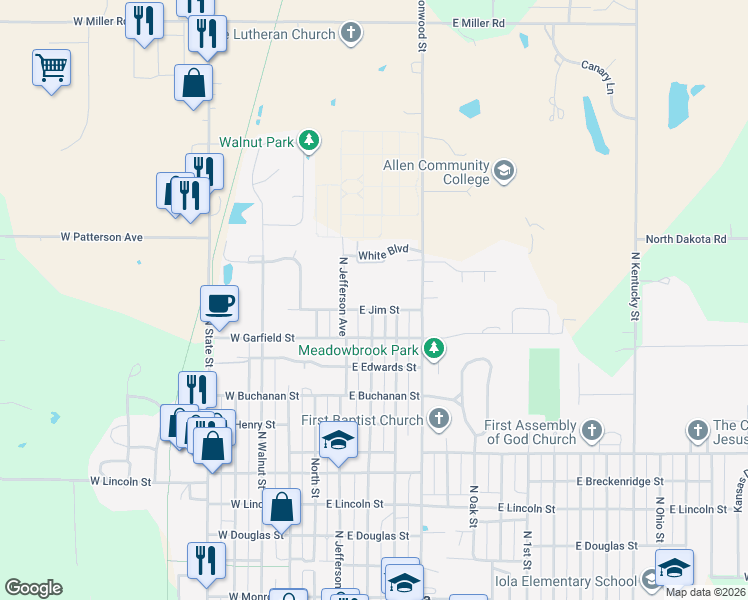 map of restaurants, bars, coffee shops, grocery stores, and more near 224 East Jim Street in Iola