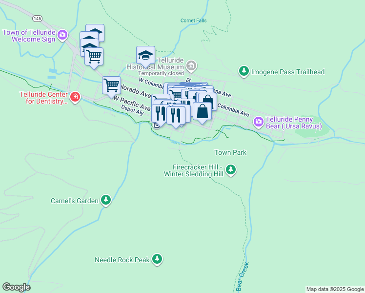 map of restaurants, bars, coffee shops, grocery stores, and more near 320 South Pine Street in Telluride