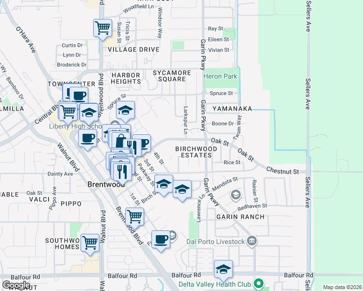map of restaurants, bars, coffee shops, grocery stores, and more near Mountain View Drive in Brentwood