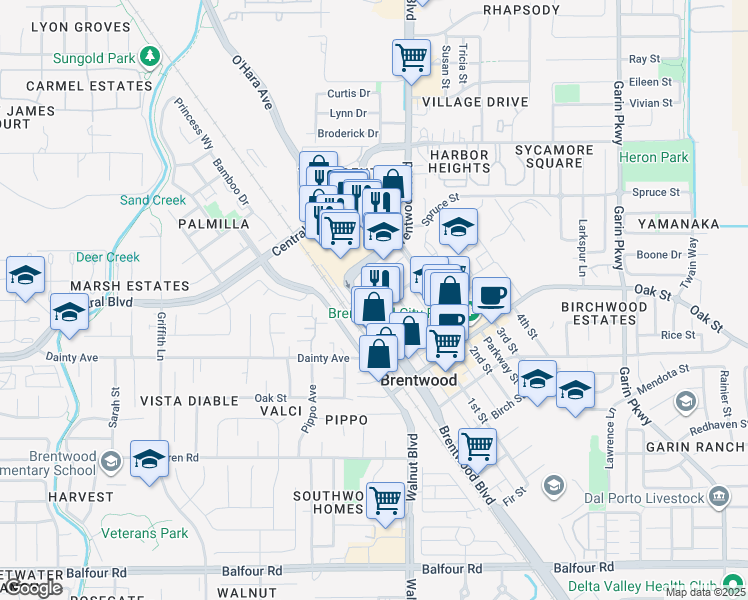 map of restaurants, bars, coffee shops, grocery stores, and more near 3 Diablo Way in Brentwood