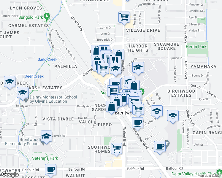 map of restaurants, bars, coffee shops, grocery stores, and more near 3 Diablo Way in Brentwood