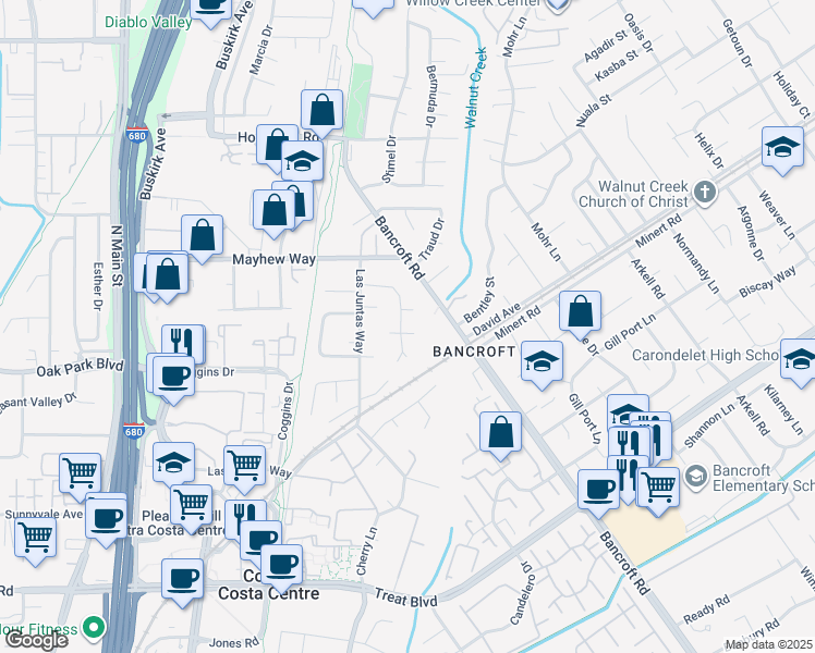 map of restaurants, bars, coffee shops, grocery stores, and more near in Walnut Creek