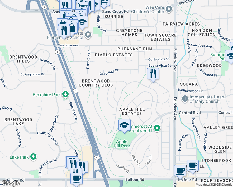 map of restaurants, bars, coffee shops, grocery stores, and more near 598 Sundale Lane in Brentwood