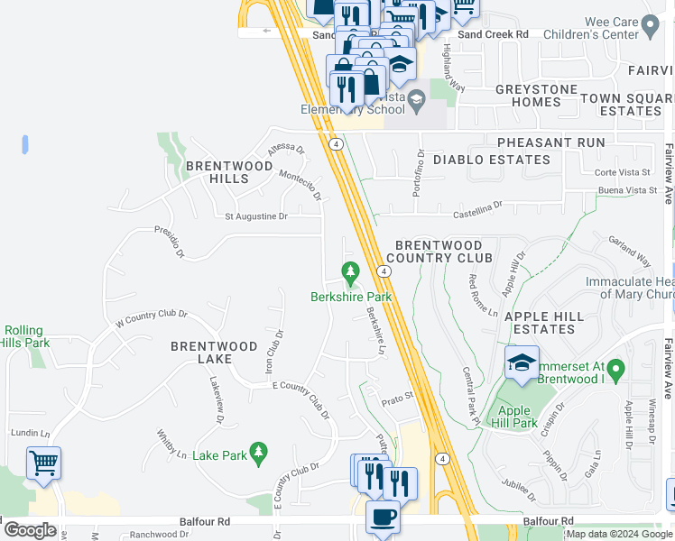 map of restaurants, bars, coffee shops, grocery stores, and more near 873 Inverness Lane in Brentwood