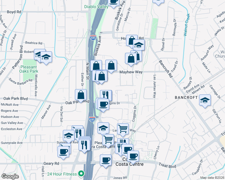map of restaurants, bars, coffee shops, grocery stores, and more near 154 Ludell Drive in Walnut Creek