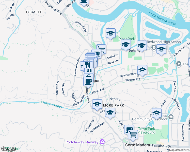map of restaurants, bars, coffee shops, grocery stores, and more near 444 Magnolia Avenue in Larkspur