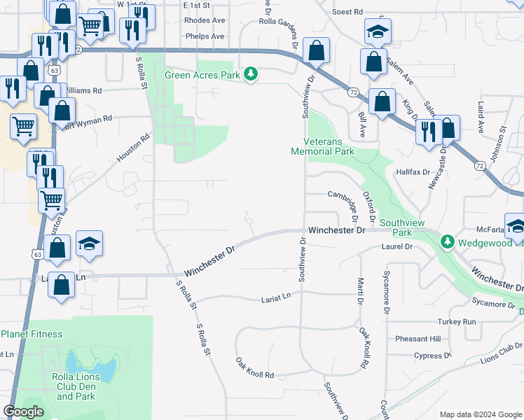 map of restaurants, bars, coffee shops, grocery stores, and more near 618 Southview Drive in Rolla