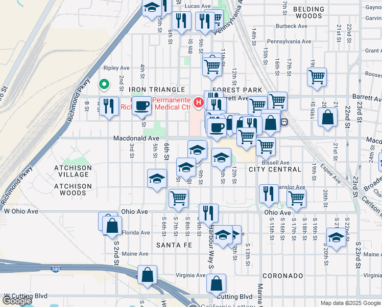 map of restaurants, bars, coffee shops, grocery stores, and more near 803 Bissell Court in Richmond