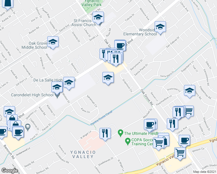 map of restaurants, bars, coffee shops, grocery stores, and more near 755 Oak Grove Road in Concord