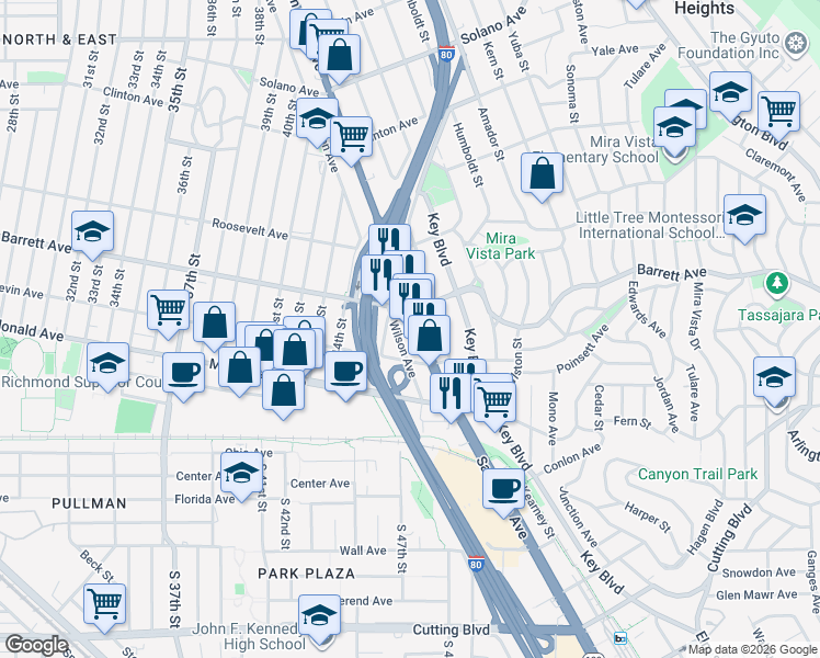 map of restaurants, bars, coffee shops, grocery stores, and more near 12267 San Pablo Avenue in Richmond