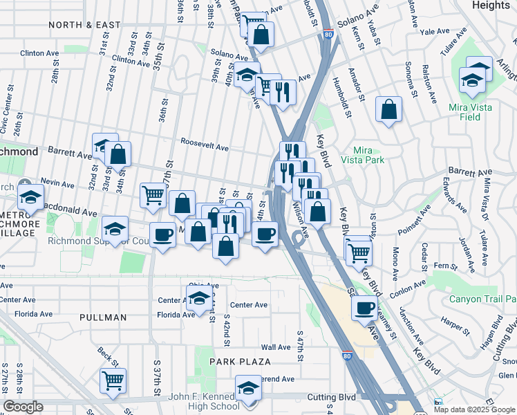 map of restaurants, bars, coffee shops, grocery stores, and more near 427 44th Street in Richmond