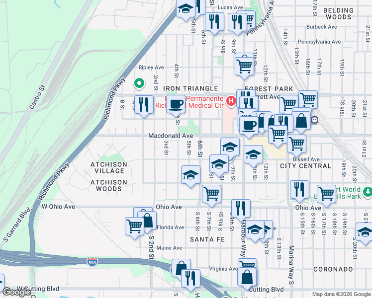 map of restaurants, bars, coffee shops, grocery stores, and more near in Richmond