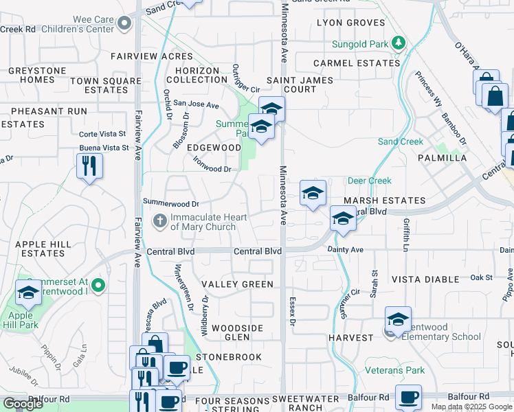 map of restaurants, bars, coffee shops, grocery stores, and more near 665 Allbrook Court in Brentwood