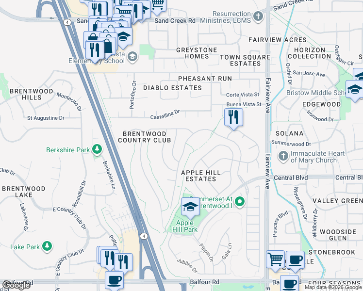 map of restaurants, bars, coffee shops, grocery stores, and more near 641 Apple Hill Drive in Brentwood