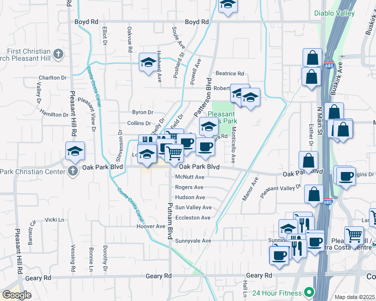 map of restaurants, bars, coffee shops, grocery stores, and more near 91 Santa Barbara Road in Pleasant Hill